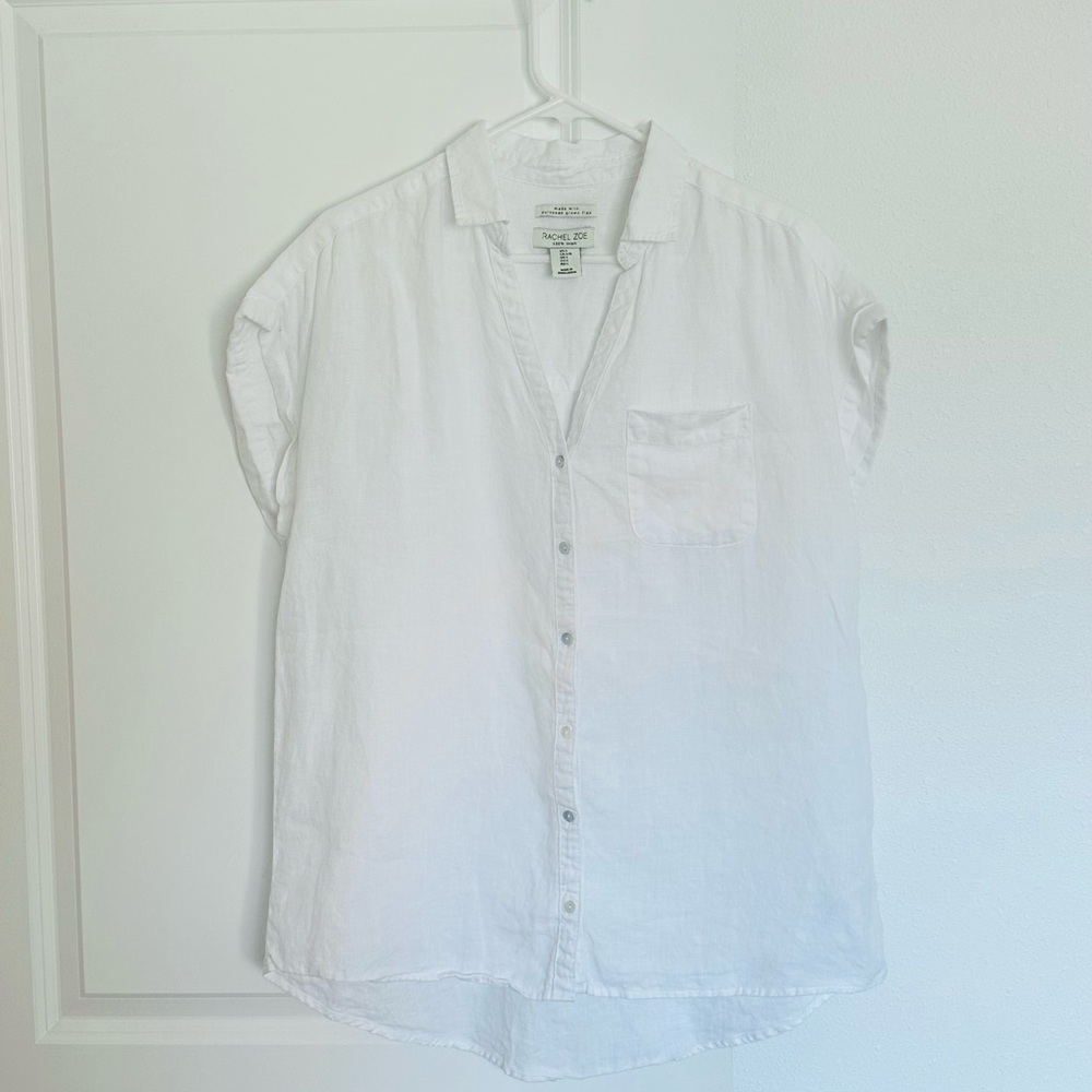 Rachel Zoe European Flax White Linen Short-Sleeve Button Shirt